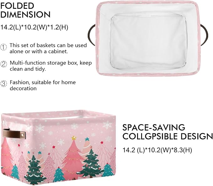 Christmas Tree Pink Storage Basket with Waterproof Liner and PU Handles Winter Snowflakes Xmas Bells Storage Bins Boxes 14.2" Collapsible Decorative Organizer Baskets for Bedroom Closet Office 2 Pack