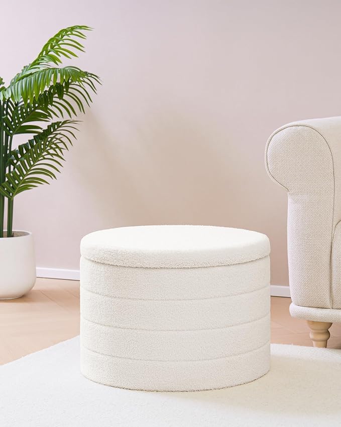 B FSOBEIIALEO Folding Storage Ottoman, Round Sherpa Ottomans, Cream White