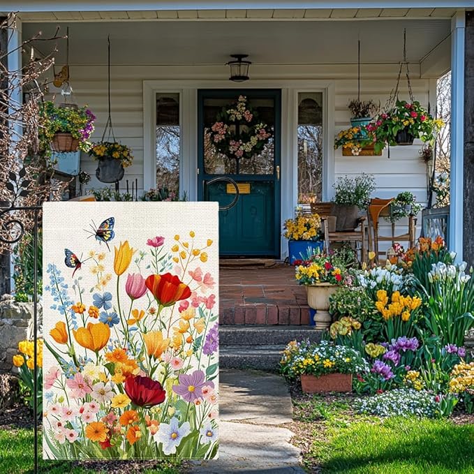 Spring Summer Floral Garden Flag 12x18 Inch Double Sided, Colorful Welcome Yard Decor, Farmhouse Outdoor Flag for Lawn Patio Porch