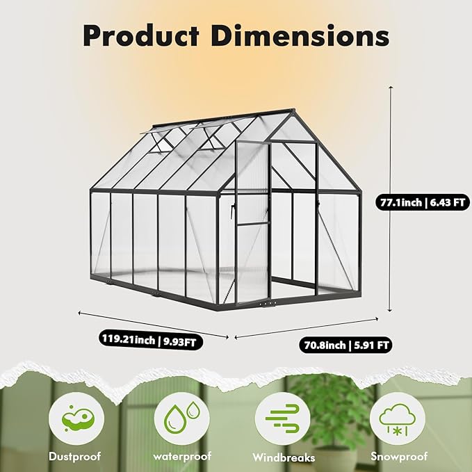 6×10FT Greenhouse for Outdoors, Walk-in Greenhouse and Winter Garden Planting, Polycarbonate Greenhouse with Electronic Thermometers, Withstands Strong Wind or Snow to Protect Vegetable or Plants