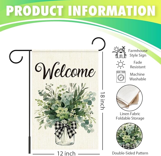 Welcome Flags for Outside,Spring Eucalyptus Mason Jar Garden Flag for Yard Patio Lawn Decoration,12x18 Inch Double Sided