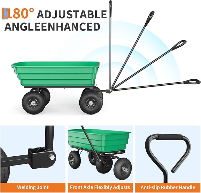 Garden Dump Cart, 1200 Lb Capacity Heavy Duty Utility Cart, Wheelbarrow with 180° Pivot Handle for Yard, Farm, Lawn & Gardening(Black+Green)