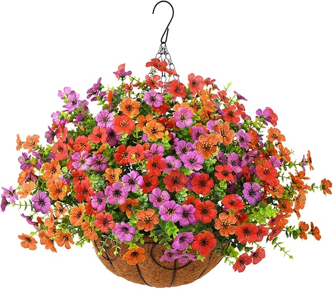 ZFProcess Artificial Faux Hanging Plants Flowers Basket for Spring Outdoor Decoration, Fake Silk Daisy in Planter Realistic UV Resistant Look Real for Porch Home Patio Balcony Yard(Purple Orange red)