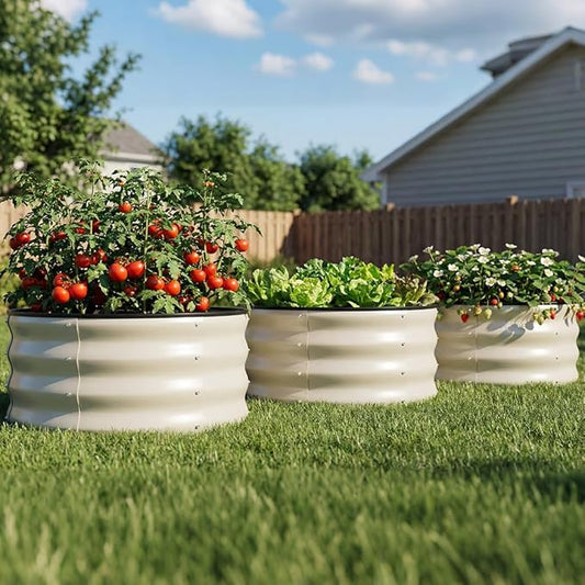 COMHOMA 3 Pack Round Raised Garden Bed 2x2x1ft,Galvanized Metal Planter Box Kit for Outdoor Gardening,Vegetable Flower Herb Growing Beds with Gloves Tools,White