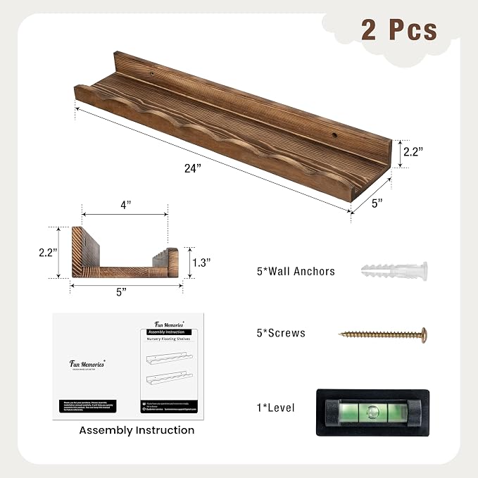 Fun Memories Picture Ledge Shelf for Wall, 24 inch Pine Wood Nursery Book Shelves Set of 2- Wall Book Shelves for Kids Room, Home Decor - Kitchen Spice-Carbonized