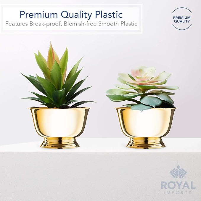 Royal Imports 6" Decorative Plastic Planter Pedestal Bowl- Flower Pot Cover, Footed Succulent Dish for Wedding, Party, Garden, Home and Holiday Decor, Gold, 2 Pack