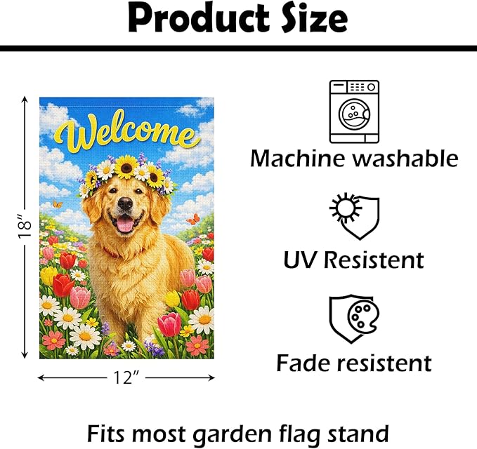 Heyfibro Spring Welcome Garden Flag 12x18 Inch Double Sided Golden Retriever Floral Garden Flag Small Yard Flags for Outside House Farmhouse Seasonal Spring Outdoor Decorations