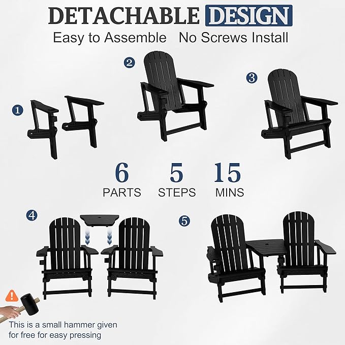 Vongrasig Adirondack Chairs Set of 2 with Removable Tabletop, Outdoor HDPE Plastic Fire Pit Chair Set with Wooden Textured, Cup Holder for Patio, Poolside, Deck, Garden, Black, 3 Pieces