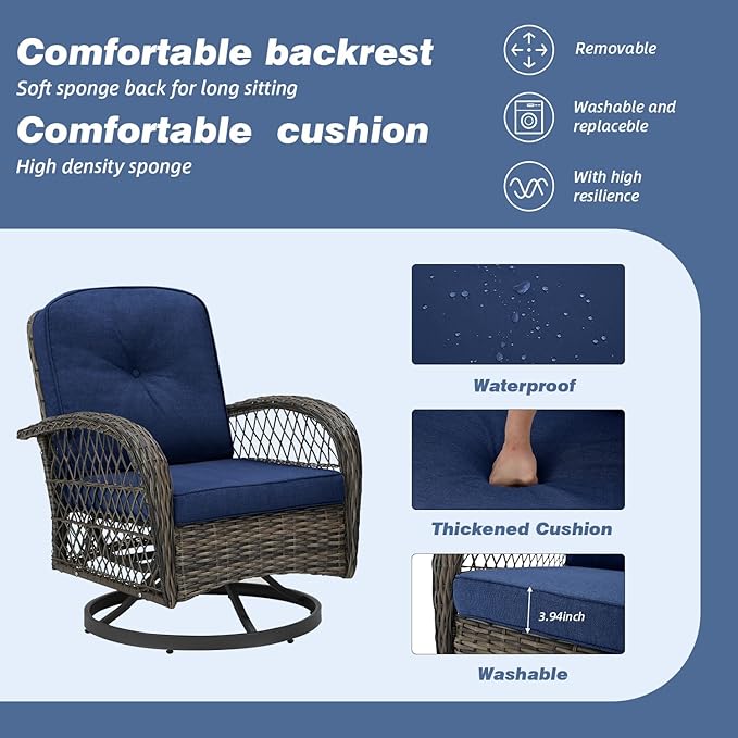 MELLCOM 3 Pieces Patio Furniture Set, Outdoor Swivel Rocker Patio Chairs, Wicker Patio Bistro Set with Rocking Chair, Thickened Cushions and Glass Coffee Table for Backyard, Garden, Navy Blue