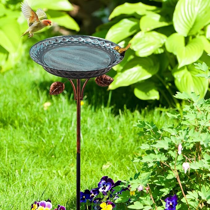 VEWOGARDEN 38 Inch Height Metal Bird Bath for Outside, Standing Bird Bath with Stake for Outdoors Garden Yard Patio Decoration, Light Blue