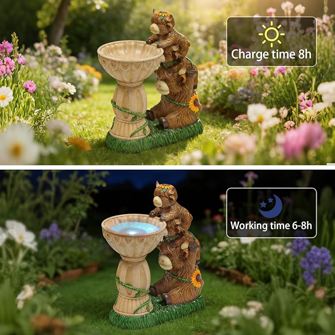 Sheaifun Solar Garden Statues Highland Cow Garden Decor Resin Highland Cow Statue with Bird Bath Feeder Light Animal Figurine Outdoor Yard Patio Lawn Decoration Gardening Gifts for Women 9.5 in