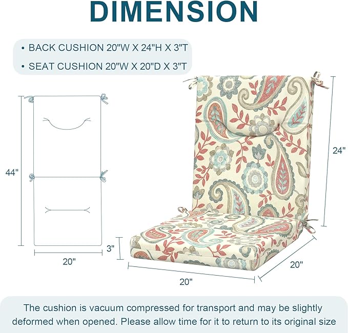 DYTXIII Outdoor High Back Chair Cushions Set of 2, 44x20 in Water Repellent Patio Seat Cushions with Elastic Sponge, All Weather Cushions for Rocking, Dining Chairs, Patio Furniture - Paisley Vintage