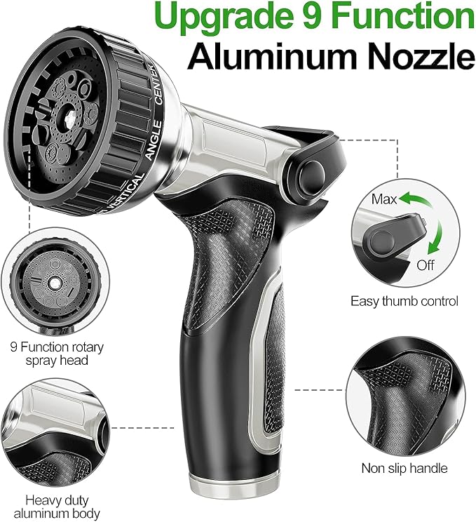 SPECILITE 304 Stainless Steel Garden Hose 50 ft with 360° Swivel Handle, Lightweight & Flexible Metal Water Hose with Heavy Duty Nozzle for Yard, Outdoor, Lawn