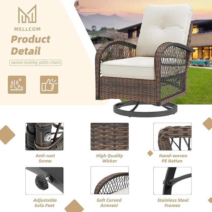 MELLCOM 3 Pieces Patio Furniture Set, Outdoor Swivel Rocker Patio Chairs, Wicker Patio Bistro Set with Rocking Chair, Thickened Cushions and Glass Coffee Table for Backyard, Garden, Beige