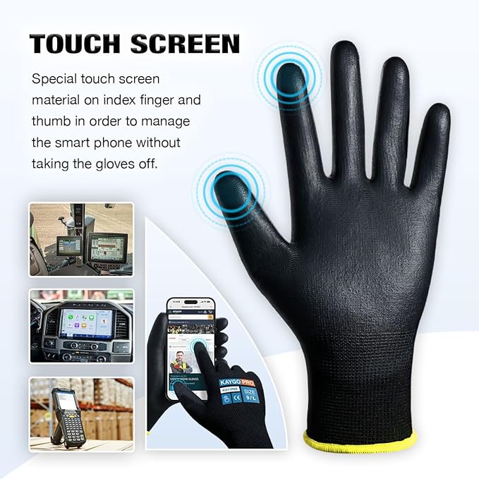 Work Gloves PU Coated for Men and Women, 12 Pairs Safety Work Gloves with Two Fingers Touchscreen, Breathable and Lightweight,Ideal for Light Warehouse, Manufacturing, Gardening, KG11P (XL,Green)