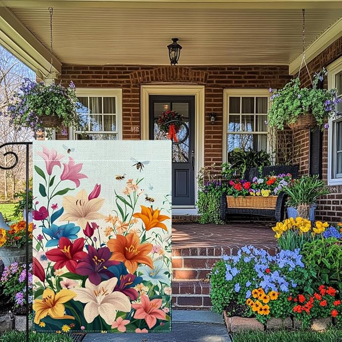 Spring Lily Colorful Floral Garden Flag 12x18 Inch Double Sided Welcome Summer Bee Flower Yard Outdoor Flag House Holiday Outside Decoration