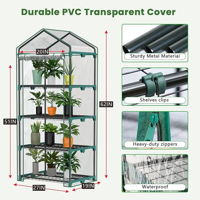 Indoor Greenhouse with Grow Lights, 4 Tier 27" L×19" W×62" H Mini Greenhouse with Zippered PVC Cover for Seed Starting Trays, Dimmable 2FT 60W Plant Light for Indoor Plants with Timer