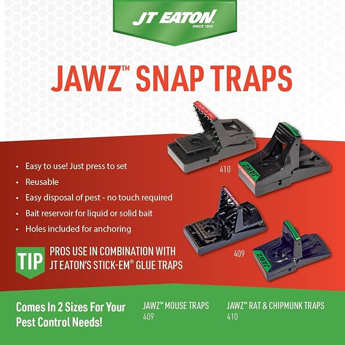 JAWZTM Plastic Mouse Traps Packed Bulk, Packed 6 per Case | No-Touch Disposal; Accepts Solid or Liquid Bait; Trap-Set Indicator; For Indoor Mouse Control; 6-Pack
