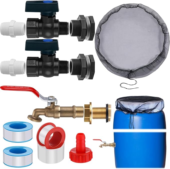 Tujoe 4 Set Rain Barrel Kit Barrel Spigot Kit 3/4 Mesh Cover with Drawstring PVC Barrel Spigot Brass Faucet Kit Bulkhead Fitting Hose Faucet Adapter Thread Seal Tape for Rain Barrel Water