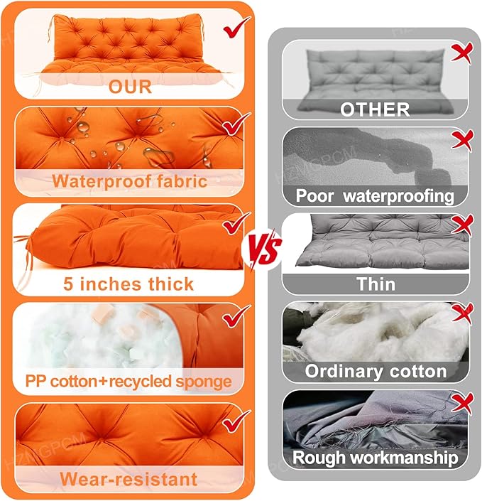 Extra Thick 5" Waterproof Porch Swing Cushions Outdoor 48 inch Swing Cushions 2-3 Seater Replacement with Backrest and Ties for Outdoor Furniture Patio Bench Garden (Orange)