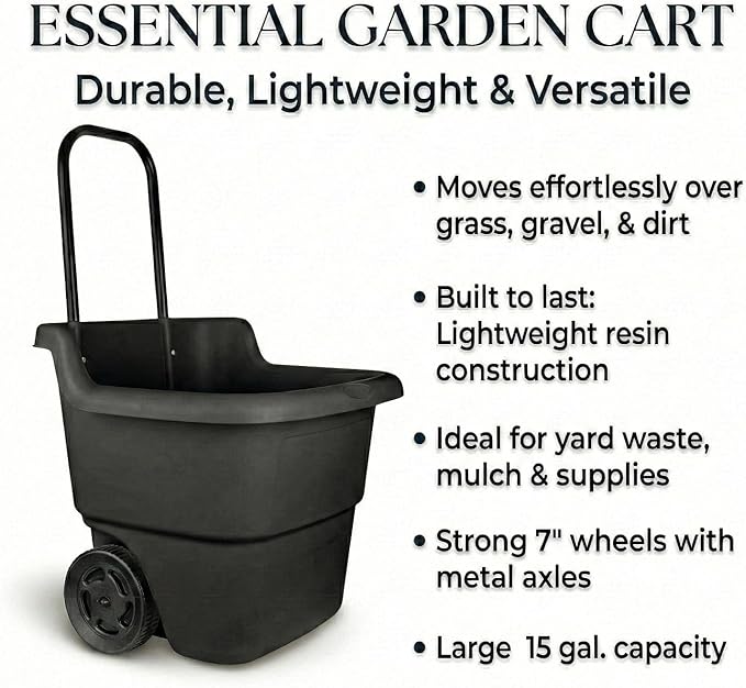 15-Gallon Rolling Garden Cart & Utility Wagon – Lightweight Resin Yard Waste Bin with Telescoping Handle & 7-Inch Wheels – Portable Outdoor Organizer for Lawn, Mulch, Firewood (Black)