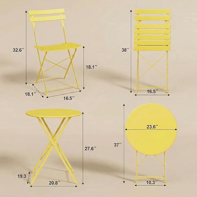 GarveeHome 3-Piece Foldable Bistro Set, Outdoor Patio Furniture with 2 Folding Chairs & 1 Table, Weather-Resistant Indoor/Outdoor Conversation Set for Patio, Yellow