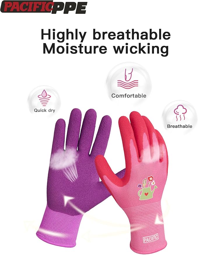 PACIFIC PPE 6 Pairs Gardening Gloves for women, Rubber Coated Garden Gloves, Ladies Yard Work Gloves, Breathable, Purple & Yellow & Red, Medium