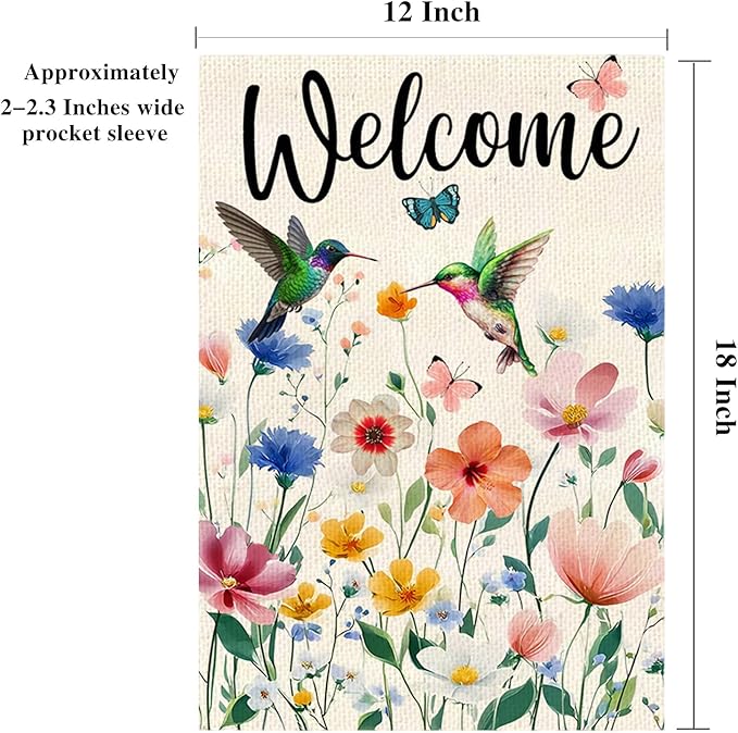 Spring Hummingbird Flowers welcome Garden Flag 12 x 18 Inch vertical Double Sided, outdoor Flag in spring and summer Suitable for Holiday yard decoration