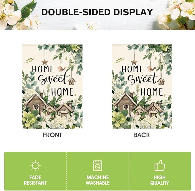 AVOIN colorlife Home Sweet Home Birdhouse Spring Floral House Flag 28x40 Inch Double Sided Outside, Eucalyptus Flowers Seasonal Yard Outdoor Flag