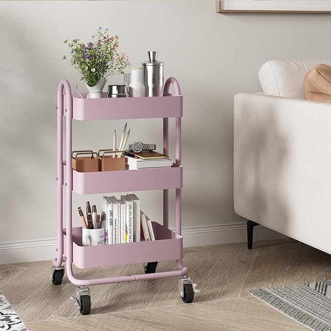 Metal Rolling Cart,3-Tier Pink Rolling Cart with Wheels,Metal Utility Cart with Wheels for Office,Home,Kitchen,Garden（13.4"x18.1"x31"） Pink