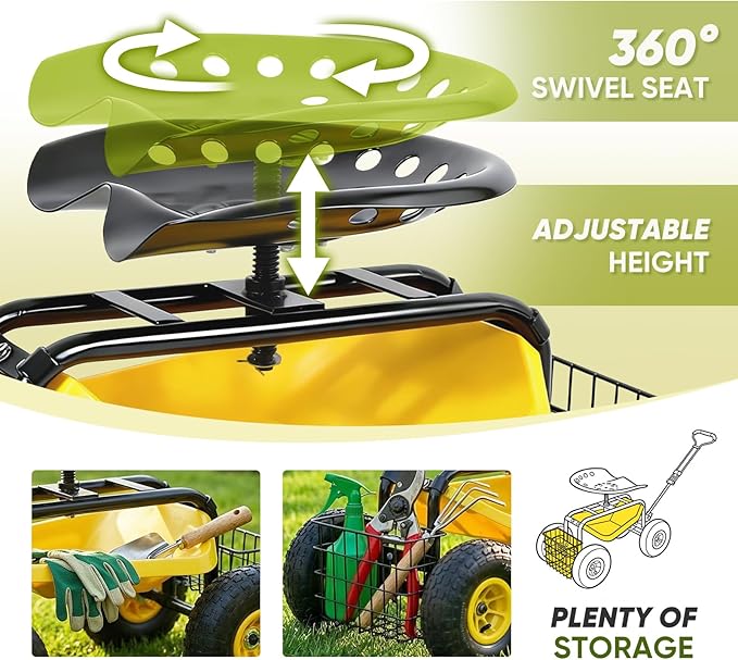 Sekey Garden Cart Rolling Workseat, Heavy Duty Garden Scooter with 360° Swivel Seat & Adjustable Height, Tool Tray & Storage Basket, 440 lbs Capacity, All-Terrain Wheels, for Seniors & Gardeners