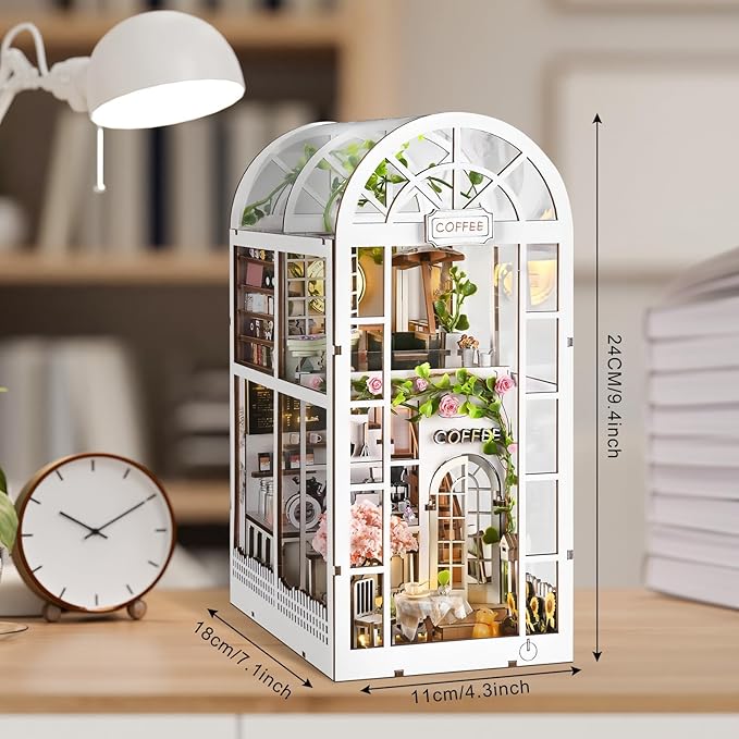 Green House Book Nook Kit - DIY Miniature Coffee Garden 3D Wooden Puzzle, Booknook Bookshelf Decor for Adults Teens, Creative Craft Kits Gift for Family Friends