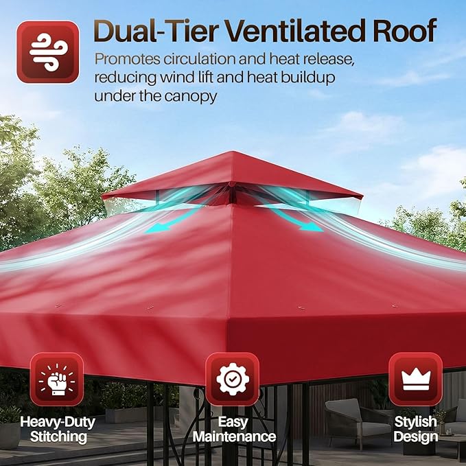 Flexzion Gazebo Cover Replacement Canopy Top 10x10 Ft (3m x 3m) - Double Tier Top Canopy Cover Replacement with UV30+, Dirt, Water Resistant for Outdoor, Sunshade, Garden, Patio, Pavilion (Red)