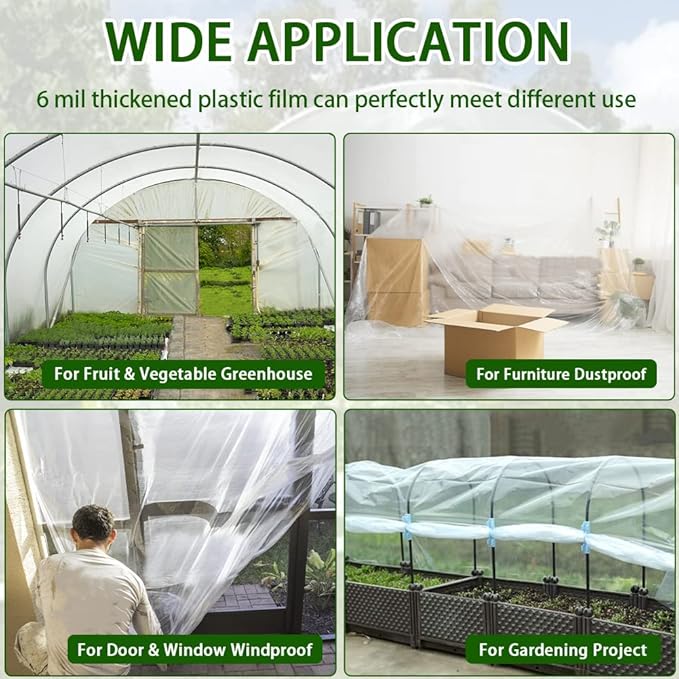 LSGCQ 6 mil Greenhouse Plastic Film Sheeting Cover 25 x 40 Ft UV Resistant Clear Polyethylene Film Green House Hoop Farm Plastic Cover for Gardening, Farming, Agriculture