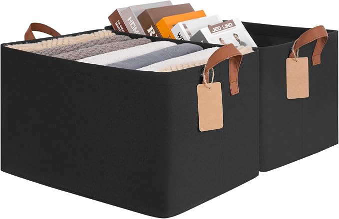 CHICVITA 45L Extra Large Fabric Storage Bins for Shelves, 2Pack, Black | 19" L x 13" W x 11" H Collapsible Storage Baskets for Toys & Blankets, Fits Nursery & Living Room Organization, Metal Frame