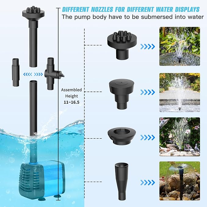 15W Solar Fountain Pump, 190GPH Submersible Solar Powered Water Pump with Adjustable Flow & 4 Nozzles, Anti-Clog Barrier Bag for Bird Bath, Outdoor Pond, Garden Water Features, Pool