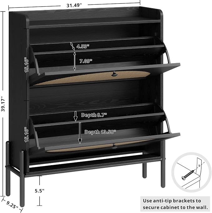 IRONCK Rattan Shoe Cabinet Storage with 2 Flip Drawers, Black