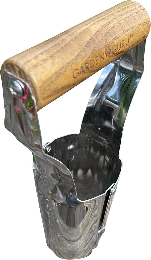 Garden Guru Eco Bulb Planter - 100% Recycled Stainless Steel - Rust Resistant - FSC Certified Wood Ergonomic Handle - Depth Marker for Consistent Planting Flowers Tulips, Daffodils, Dahlias (4 Pack)