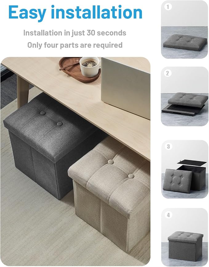 AmasSmile Ottoman with Storage,17" Folding Linen Foot Rest Chest,Grey