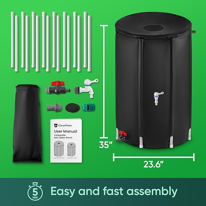 Rhino CLEARMATE Collapsible Rain Barrel | 53-Gal Extra-Stable Rainwater Collection System | Portable Rain Barrels to Collect Rainwater from Gutter| Heavy-Duty Rain Catcher
