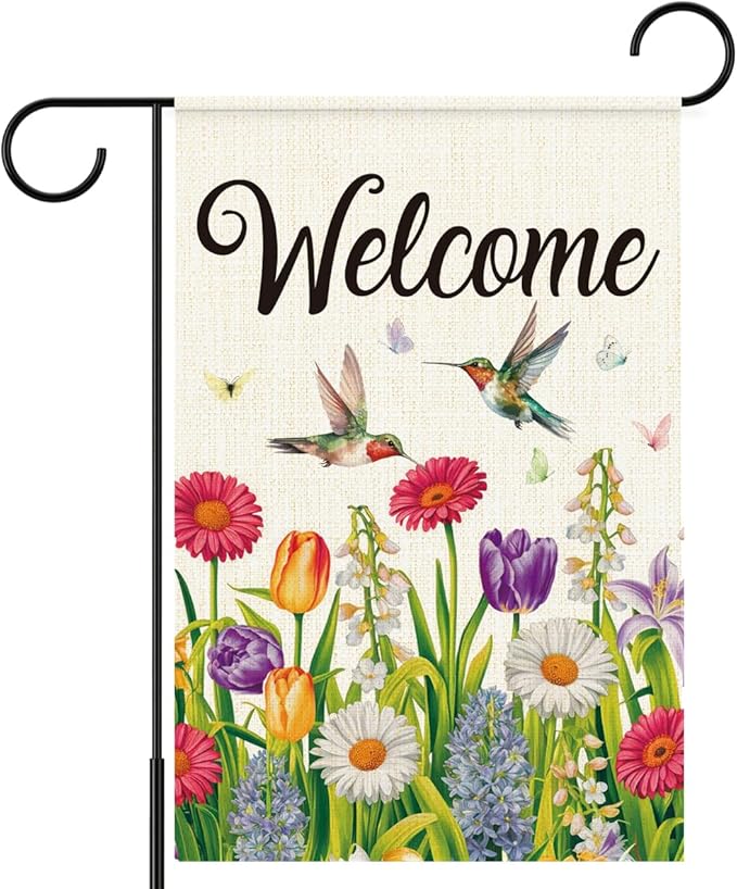 Welcome Flags for Outside,Spring Hummingbird Garden Flag for Yard Patio Lawn Decoration,12x18 Inch Double Sided