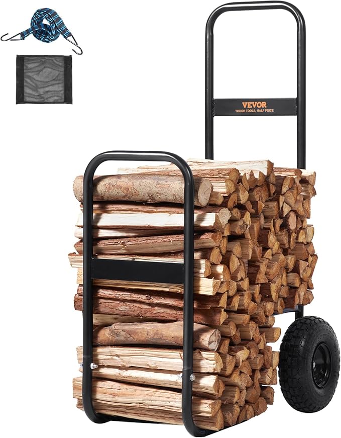 VEVOR Log Cart 250 lbs Load Capacity, Outdoor and Indoor Wood Rack Storage Mover with Pneumatic Rubber Wheels, Heavy Duty Steel Dolly Hauler, Firewood Carrier for Fireplace, Fire Pit, Black