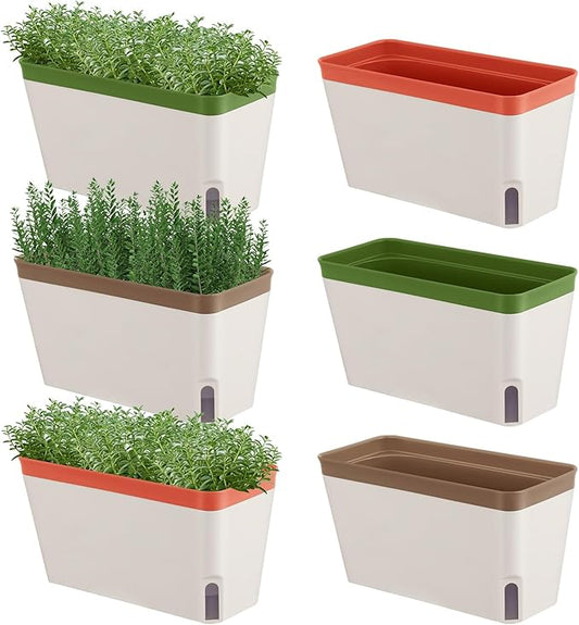 SiliFine 6 Set Window Herb Planter Box Self Watering Plant Pots 10.6 Inch Rectangular Herb Pots Decorative Garden Flower Box for Indoor, Succulent,Vegetables, Flowers