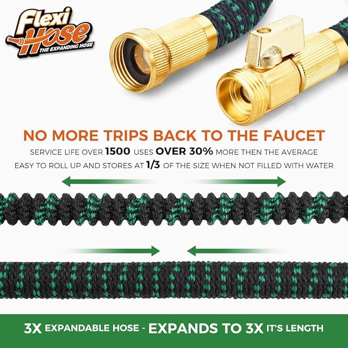 Flexi Hose with 8 Function Nozzle, 100FT - Lightweight Expandable Garden Hose, No-Kink Flexibility, 3/4 Inch Solid Brass Fittings and Double Latex Core - Green