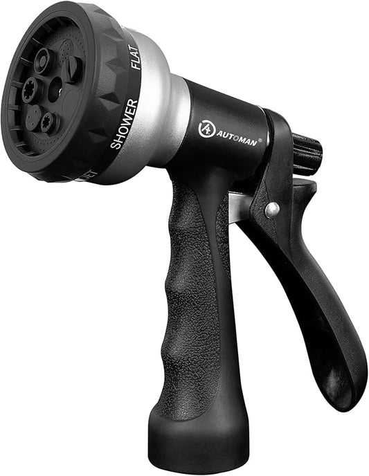 AUTOMAN-Garden-Hose-Nozzle, ABS Water Spray Nozzle, 7 Adjustable Watering Patterns, Slip Resistant for Watering Plants, Lawn& Garden, Washing Cars, Cleaning, Showering Pets & Outdoor Fun.Silver Color