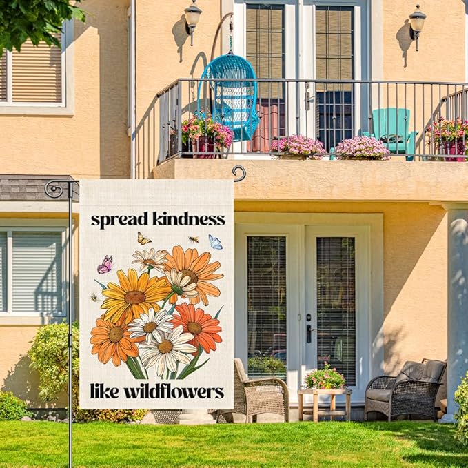 Spread Kindness Like Wildflowers Garden Flag, Double Sided Home Farmhouse Outdoor Decor Banner, Native Pollinator Friendly Gifts For Nature Lover, Funny Housewarming Gifts For Family Firend