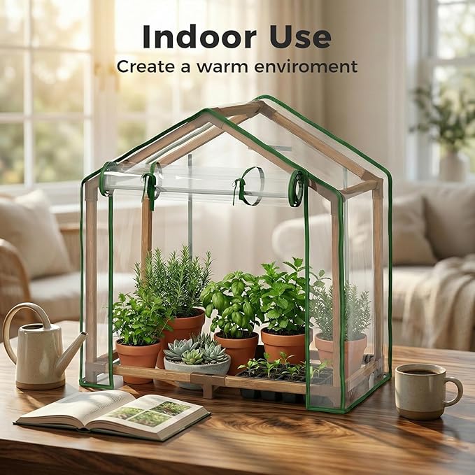 Leaf&Lull Mini Greenhouse Indoor Desktop with Zippered Doors & Roll-up Windows Elevated Bottom Portable Plant Hot House with Durable PE Cover Ventilation Window for Seed Starting&Plant Growth