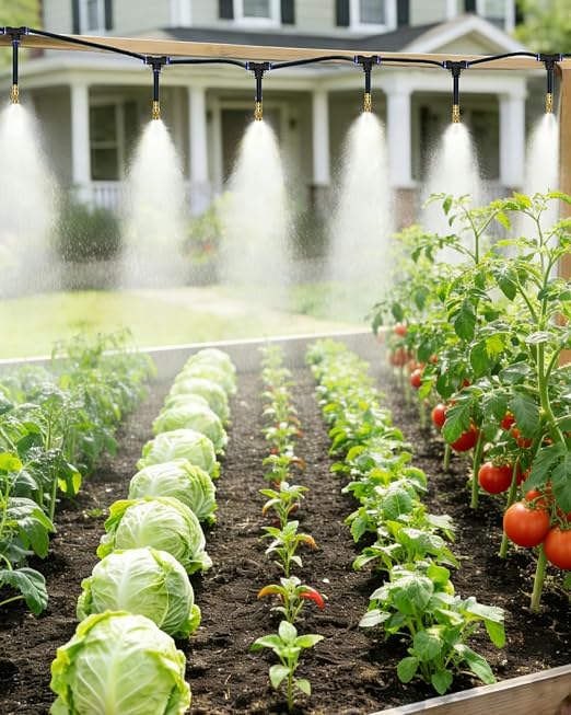 100FT Drip Irrigation System, 5/16" Hose Solves Dry End, 360° Adjustable Copper Nozzles Garden Watering System, Automatic Misting Irrigation Kit for Greenhouse, Yard, Lawn, Plants