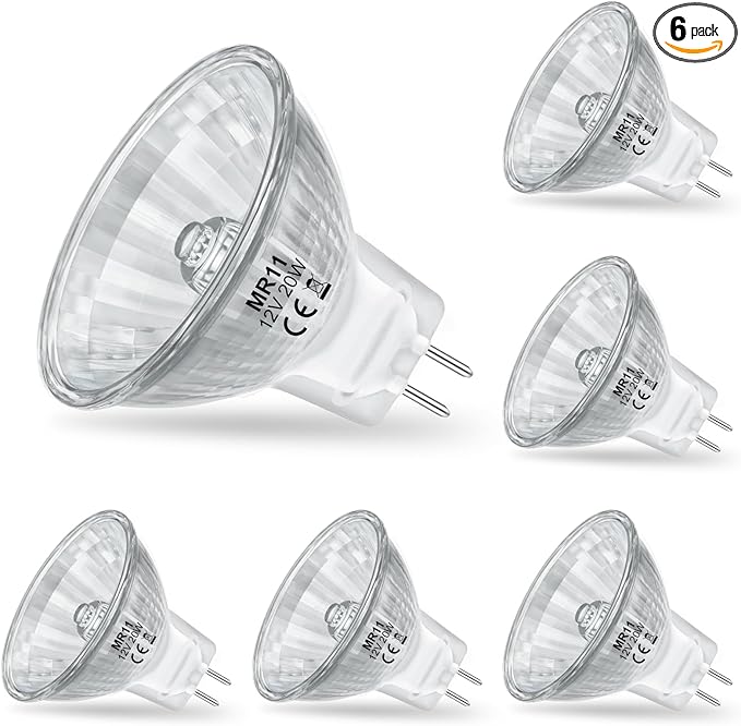 MR11 Light Bulbs, 12V 20W Halogen Light Bulbs 2 Pin, FTD Spotlight Bulb, GU4 Bi-Pin Base, Dimmable, 2700K Warm White, 2 Prong Light Bulb for Landscape, Accent, Track Lights, and Fiber Optics, 6Pcs