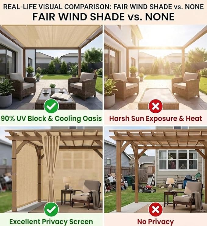FAIR WIND 90% Sun Shade Cloth with Improved Grommets 8’ X 12’ Outdoor Sun Screen Fabric Cover for Patio Garden Outdoor Pergola Canopy - Khaki